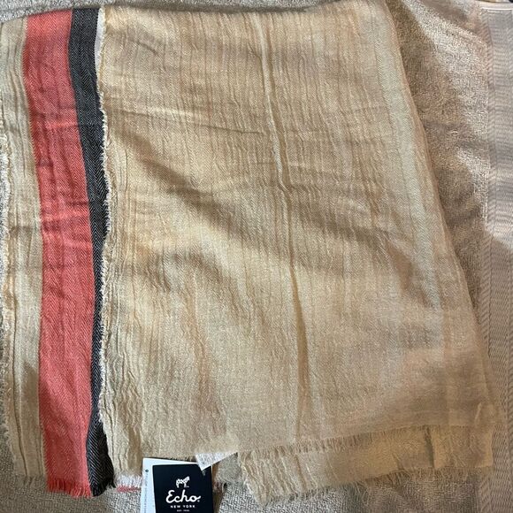 Echo New York Scarf Wrap NWT  brown with coral, dark brown, and cream stripes - Picture 4 of 4